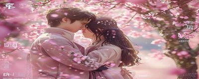 日韩合拍爱情大片《樱花与汉江》，男女主角在樱花树下相拥，画面温柔粉嫩