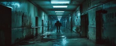 韩国恐怖大片《午夜惊魂》废弃医院走廊，阴暗灯光下女主角回头，氛围极度惊悚