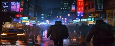 韩国犯罪悬疑大片《黑暗都市》剧照，夜晚霓虹灯下侦探追逐场景，画面张力十足